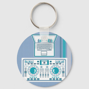 Turntable with Laptop DJ equipment Vector Keychain