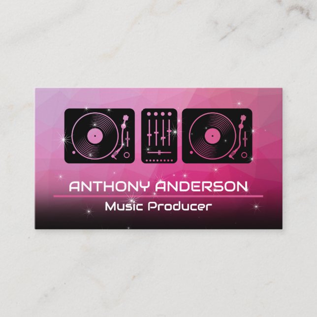 Turntables | Magenta Background | Sparkles Business Card (Front)
