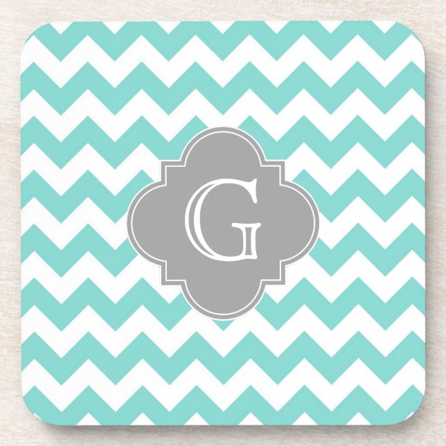 Turq / Aqua White Chevron Grey Quatrefoil Monogram Coaster (Front)