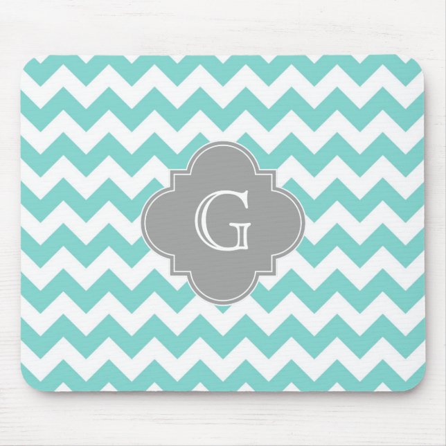 Turq / Aqua White Chevron Grey Quatrefoil Monogram Mouse Pad (Front)
