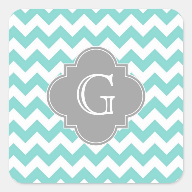 Turq / Aqua White Chevron Grey Quatrefoil Monogram Square Sticker (Front)