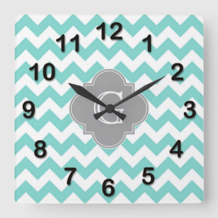 Turq / Aqua White Chevron Grey Quatrefoil Monogram Square Wall Clock