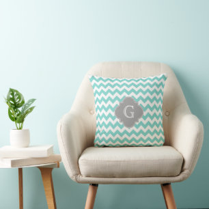 Turq / Aqua White Chevron Grey Quatrefoil Monogram Throw Pillow