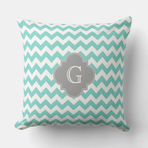 Turq / Aqua White Chevron Grey Quatrefoil Monogram Throw Pillow