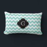 Turq / Aqua Wht Chevron Black Quatrefoil Monogram Lumbar Pillow<br><div class="desc">Turquoise / Aqua and White Chevron ZigZag Pattern, Black Quatrefoil Label Monogram A stylish, modern, chic chevron zig-zag pattern in turquoise / aqua and white. Customize the black quatrefoil label with your monogram, name or other text. (Click on "Customize it" to change the font, adjust font sizes, font colours, etc.)...</div>