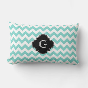 Turq / Aqua Wht Chevron Black Quatrefoil Monogram Lumbar Pillow