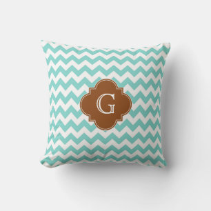 Turq / Aqua Wht Chevron Brown Quatrefoil Monogram Throw Pillow