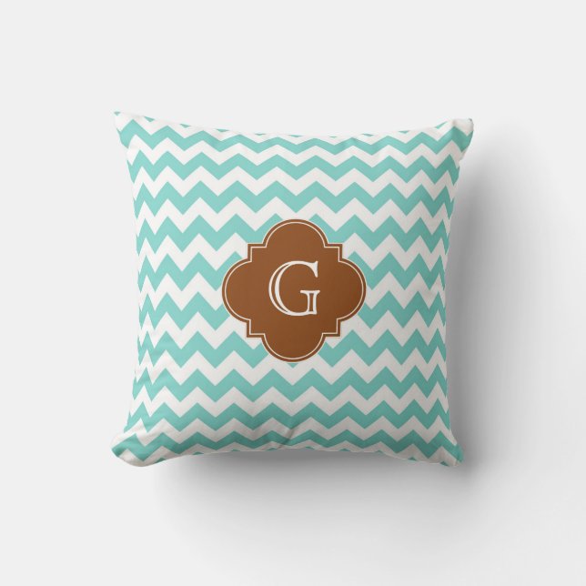 Turq / Aqua Wht Chevron Brown Quatrefoil Monogram Throw Pillow (Front)