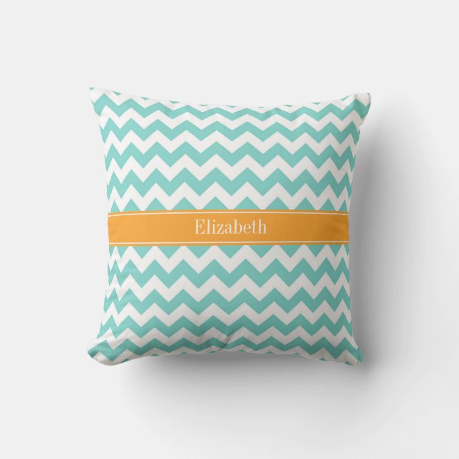 Turq / Aqua Wht Chevron Cantaloupe Name Monogram Throw Pillow (Front)