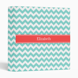 Turq / Aqua Wht Chevron Coral Red Name Monogram Binder
