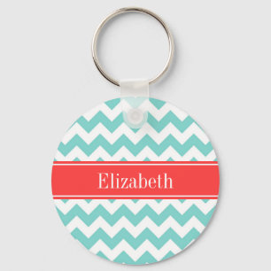Turq / Aqua Wht Chevron Coral Red Name Monogram Keychain