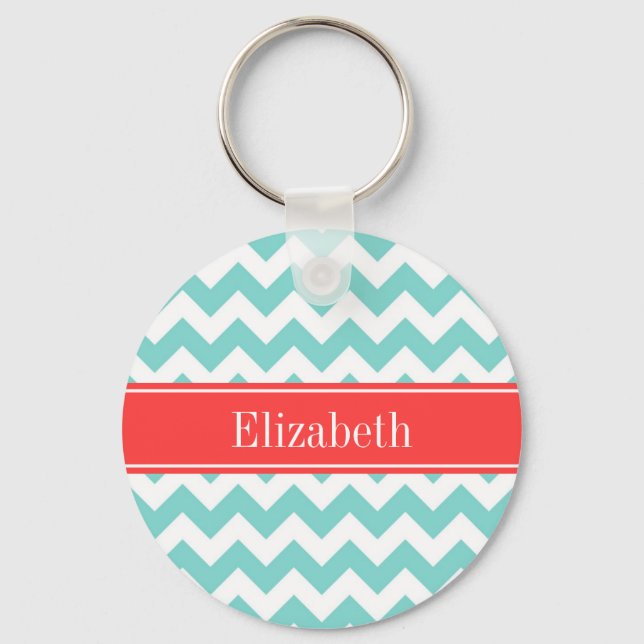 Turq / Aqua Wht Chevron Coral Red Name Monogram Keychain (Front)