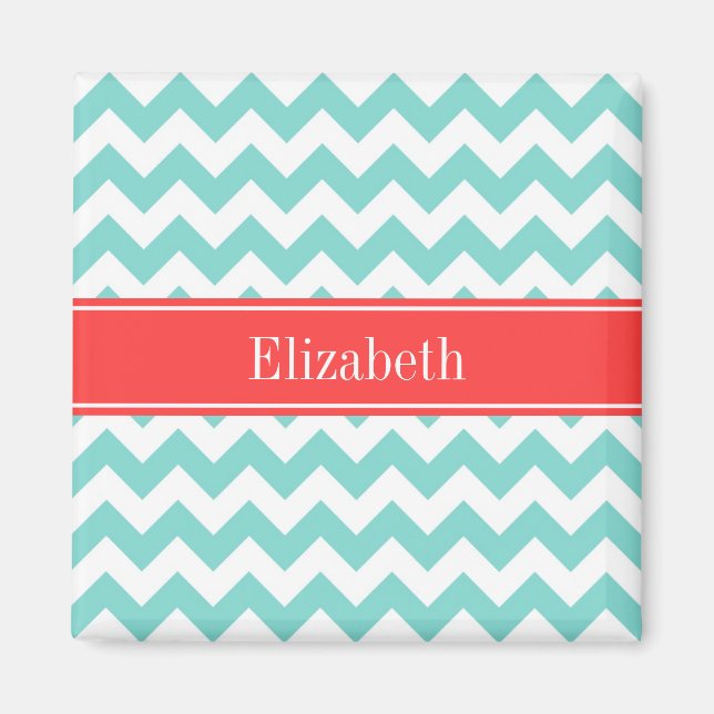 Turq / Aqua Wht Chevron Coral Red Name Monogram Magnet (Front)