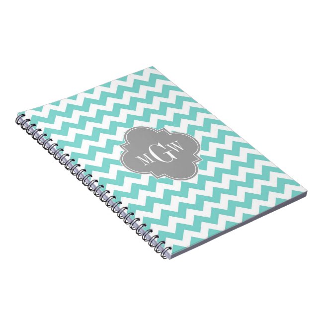 Turq / Aqua Wht Chevron Grey 3 Initial Monogram Notebook (Right Side)