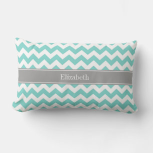Turq / Aqua Wht Chevron Grey Name Monogram Lumbar Pillow
