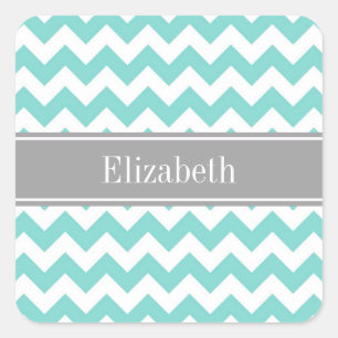 Turq / Aqua Wht Chevron Grey Name Monogram Square Sticker