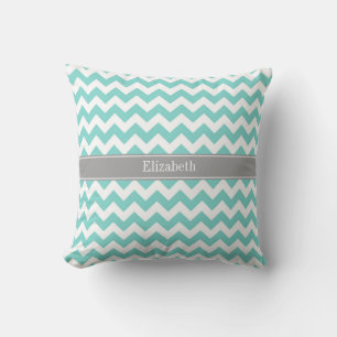 Turq / Aqua Wht Chevron Grey Name Monogram Throw Pillow