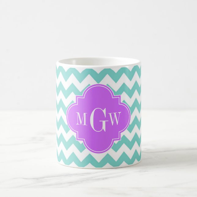 Turq / Aqua Wht Chevron Lilac 3 Initial Monogram Coffee Mug (Center)