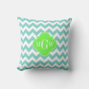 Turq / Aqua Wht Chevron Lime 3 Initial Monogram Throw Pillow