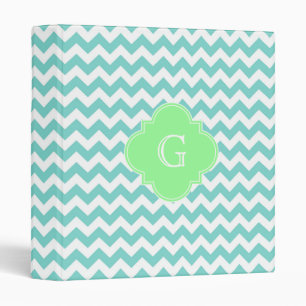 Turq / Aqua Wht Chevron Mint Quatrefoil Monogram Binder