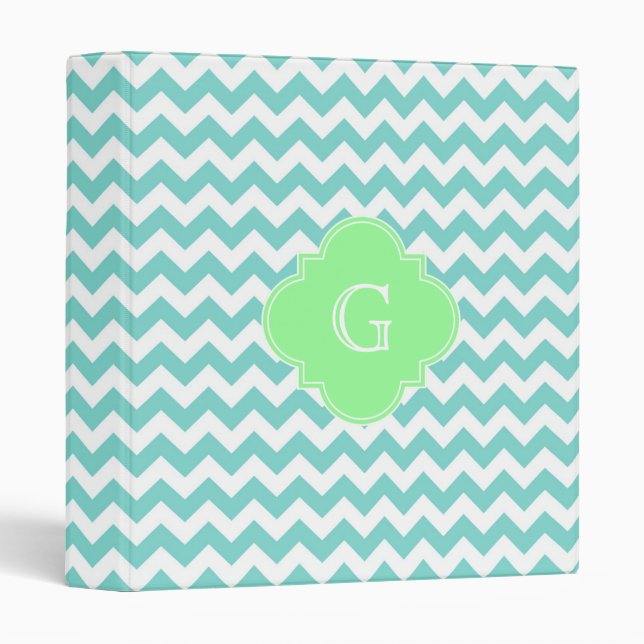 Turq / Aqua Wht Chevron Mint Quatrefoil Monogram Binder (Front/Spine)