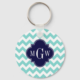 Turq / Aqua Wht Chevron Navy 3 Initial Monogram Keychain