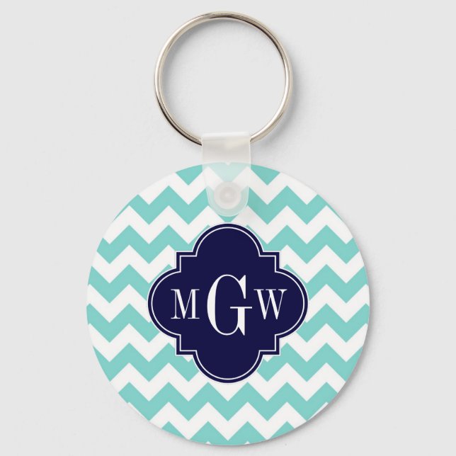 Turq / Aqua Wht Chevron Navy 3 Initial Monogram Keychain (Front)