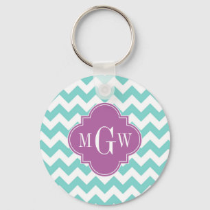 Turq / Aqua Wht Chevron Orchid 3 Initial Monogram Keychain