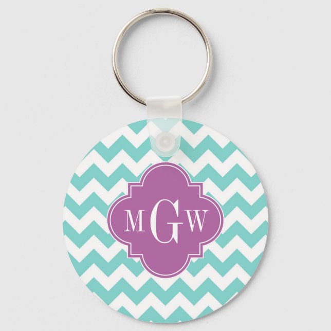Turq / Aqua Wht Chevron Orchid 3 Initial Monogram Keychain (Front)