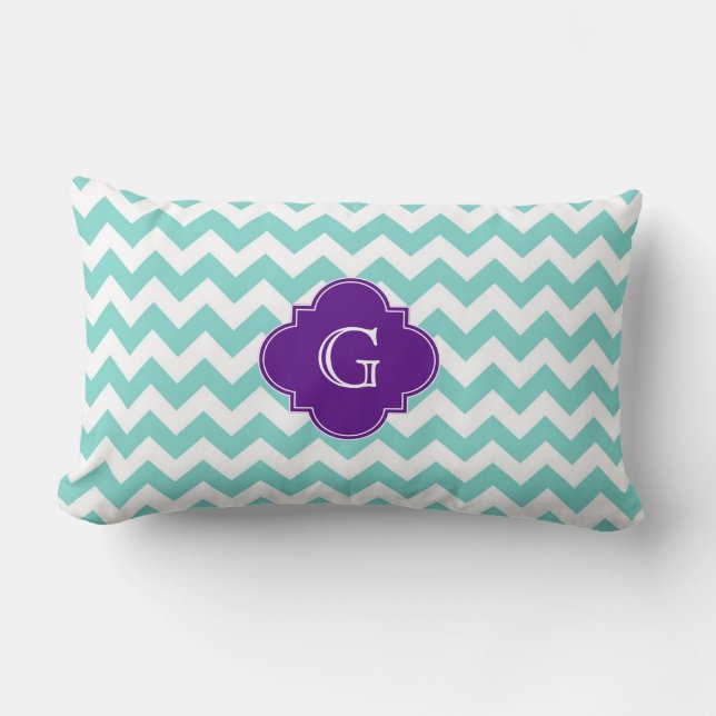 Turq / Aqua Wht Chevron Purple Quatrefoil Monogram Lumbar Pillow (Front)