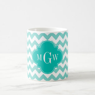 Turq / Aqua Wht Chevron Teal 3 Initial Monogram Coffee Mug