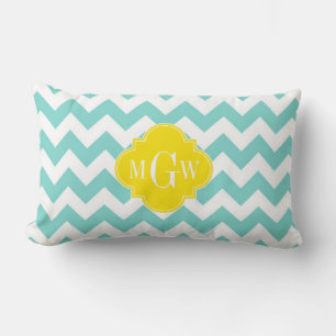 Turq / Aqua Wht Chevron Yellow 3 Initial Monogram Lumbar Pillow