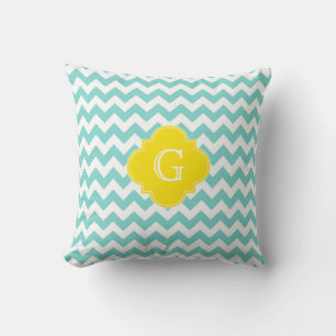 Turq / Aqua Wht Chevron Yellow Quatrefoil Monogram Throw Pillow