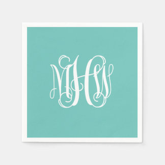 Turq White 3 Initial Vine Script Monogram DIY BG Napkin