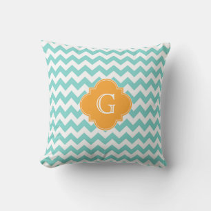 Turq Wht Chevron Cantaloupe Quatrefoil Monogram Throw Pillow