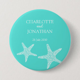Turqoise Modern Tropical Starfish Beach Wedding 3 Inch Round Button