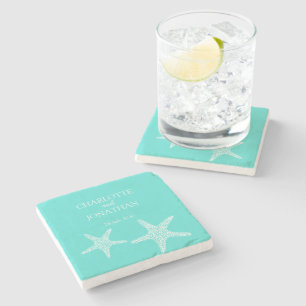 Turqoise Modern Tropical Starfish Beach Wedding    Stone Coaster
