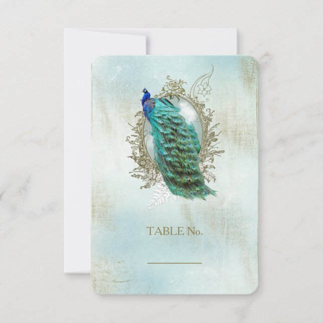Turqoise Shabby Peacock - Table Number Card (Front)