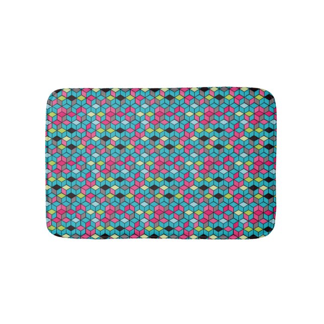 Turqouise and Pink Cube Pattern Bath Mat (Front)