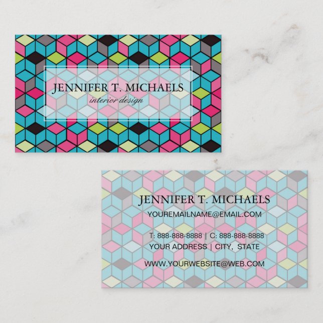 Turqouise and Pink Cube Pattern Business Card (Front/Back)