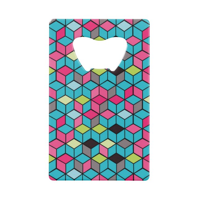 Turqouise and Pink Cube Pattern Credit Card Bottle Opener (Front)