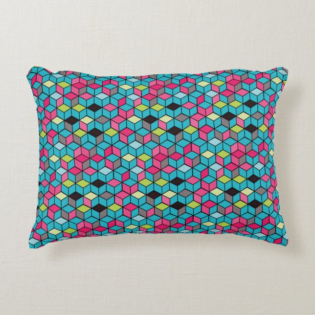 Turqouise and Pink Cube Pattern Decorative Pillow (Front)