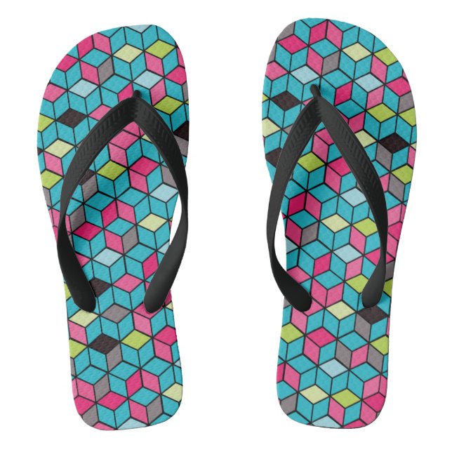 Turqouise and Pink Cube Pattern Flip Flops (Footbed)