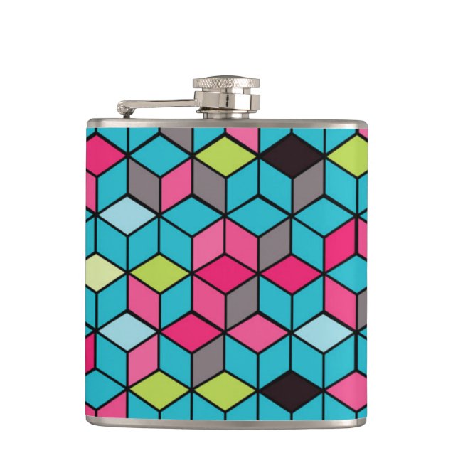Turqouise and Pink Cube Pattern Hip Flask (Front)