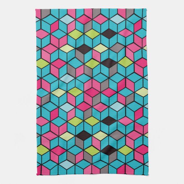 Turqouise and Pink Cube Pattern Kitchen Towel (Vertical)