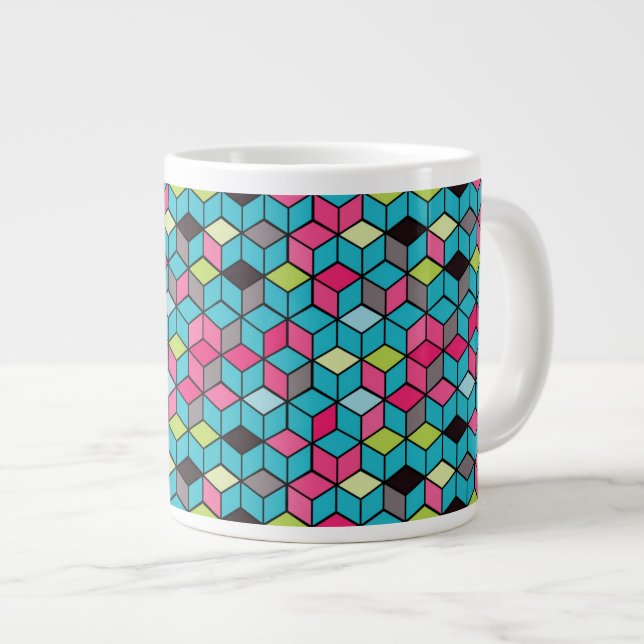 Turqouise and Pink Cube Pattern Large Coffee Mug (Front Right)