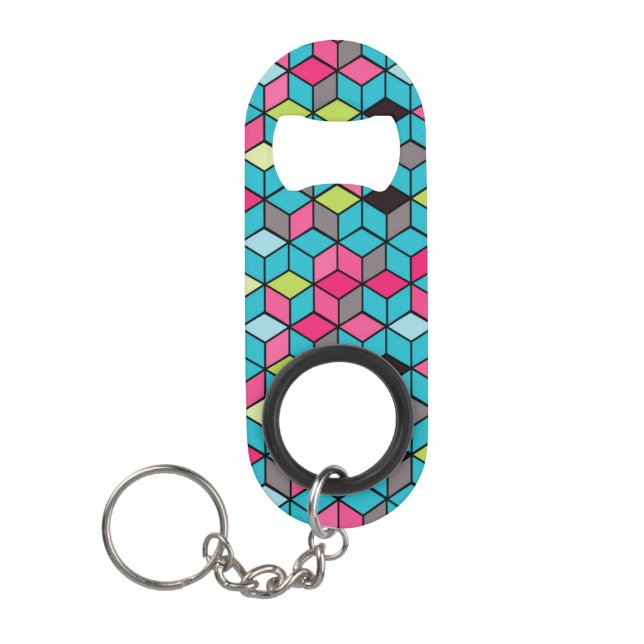 Turqouise and Pink Cube Pattern Mini Bottle Opener (Front)