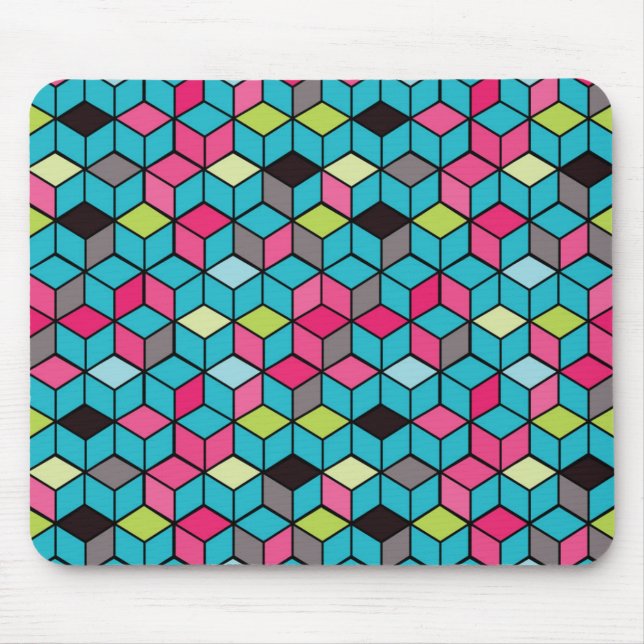 Turqouise and Pink Cube Pattern Mouse Pad (Front)