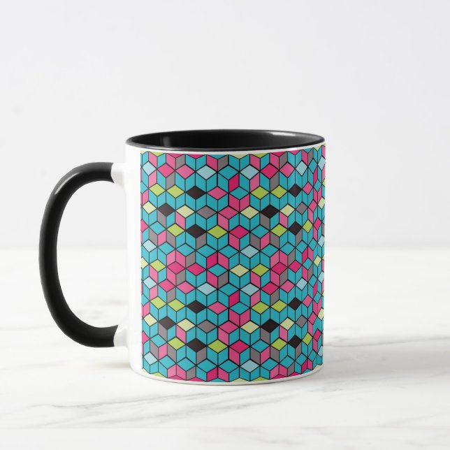 Turqouise and Pink Cube Pattern Mug (Left)