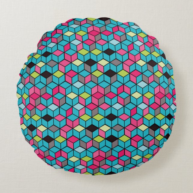 Turqouise and Pink Cube Pattern Round Pillow (Front)